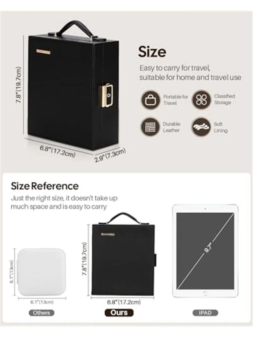 Black Travel Jewelry Box Organizer Lock Necklace Ring Earring Storage Case